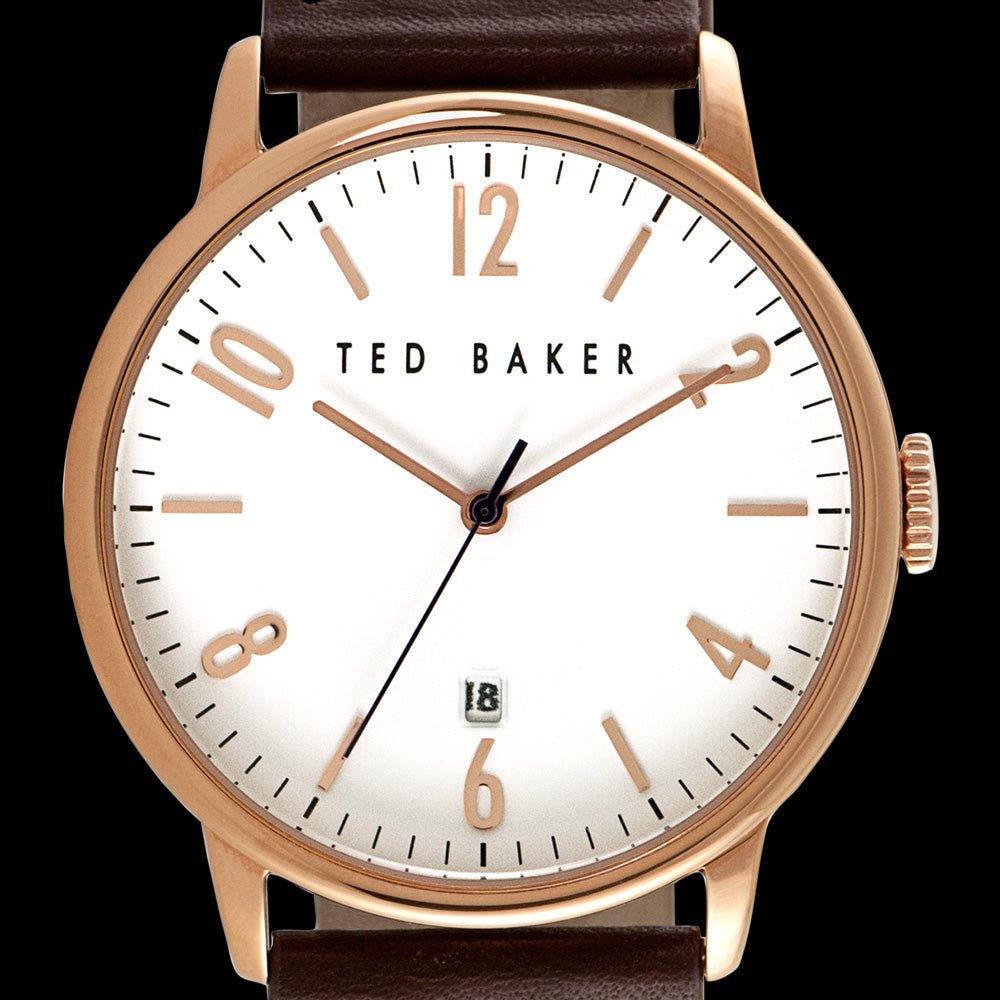 TED BAKER DANIEL ROSE GOLD WHITE DIAL BROWN LEATHER WATCH - DIAL CLOSE-UP