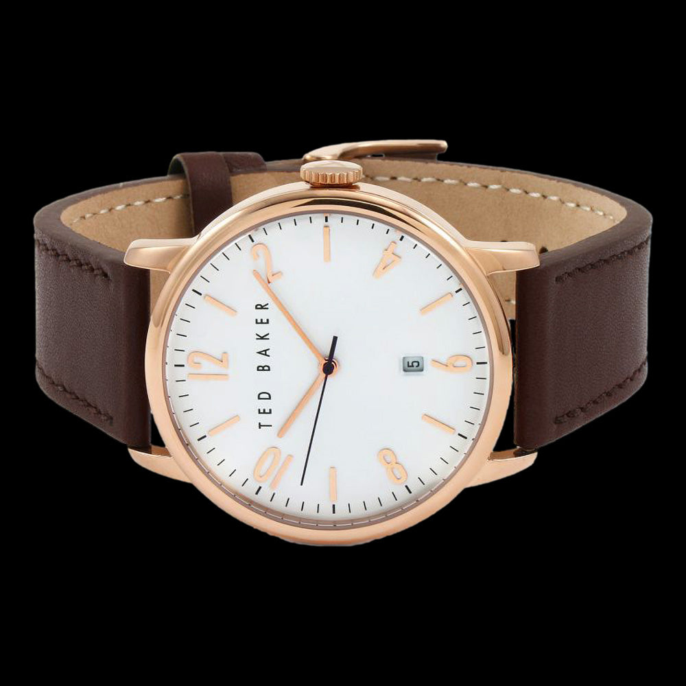 TED BAKER DANIEL ROSE GOLD WHITE DIAL BROWN LEATHER WATCH - FRONT VIEW
