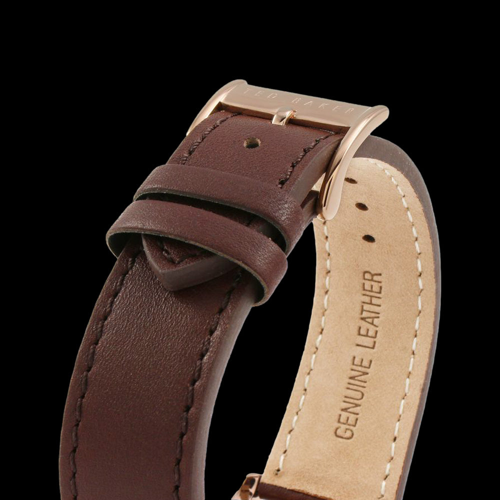 TED BAKER DANIEL ROSE GOLD WHITE DIAL BROWN LEATHER WATCH - STRAP CLOSE-UP