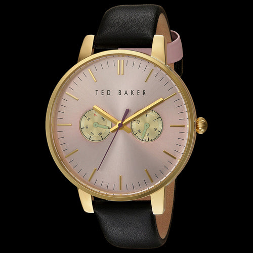 TED BAKER LIZ GOLD PINK DIAL CHRONO BLACK LEATHER WATCH - TILT VIEW