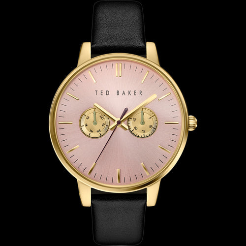 TED BAKER LIZ GOLD PINK DIAL CHRONO BLACK LEATHER WATCH