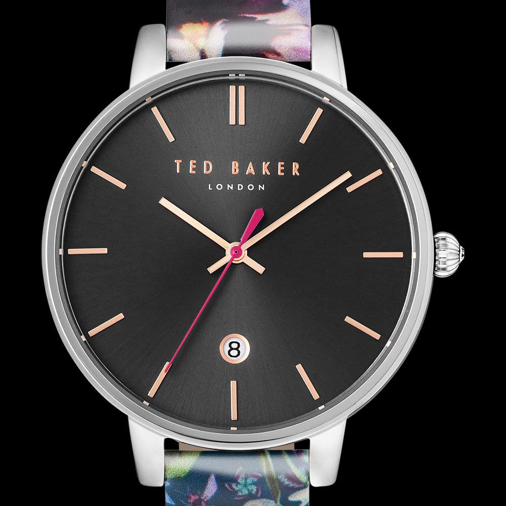 TED BAKER KATE SILVER BLACK DIAL FLORAL LEATHER WATCH - DIAL CLOSE-UP