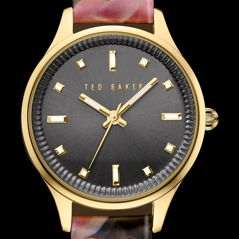TED BAKER ZOE GOLD BLACK DIAL FLORAL WATCH - DIAL CLOSE-UP