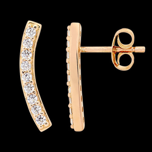 ELLANI STERLING SILVER GOLD CRESCENT CZ PAVE BAR EARRINGS