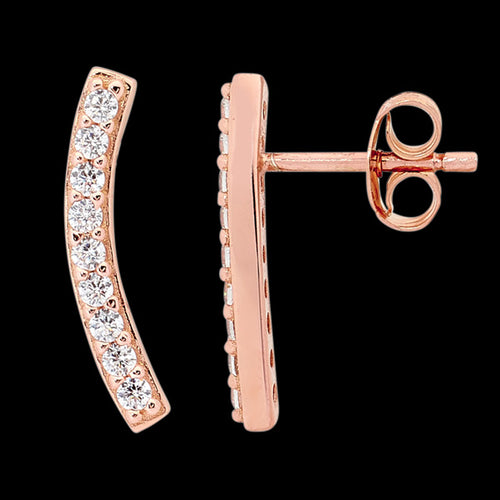 ELLANI STERLING SILVER ROSE GOLD CRESCENT CZ PAVE BAR EARRINGS