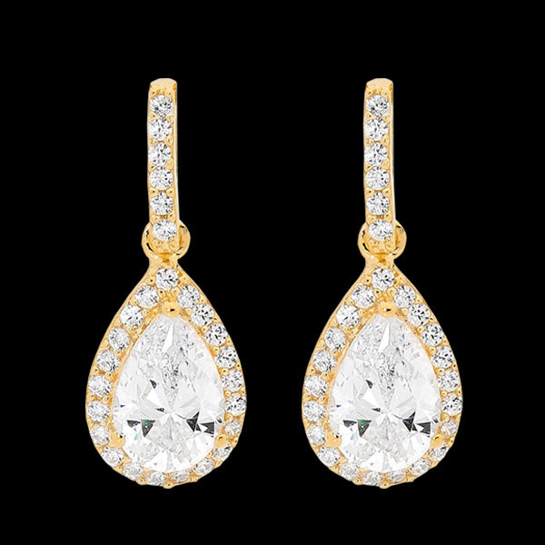 ELLANI STERLING SILVER GOLD PEAR CZ PAVE EARRINGS