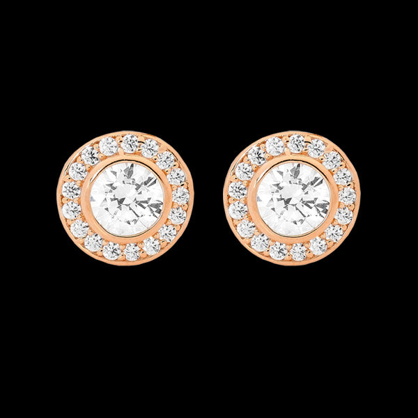 ELLANI STERLING SILVER ROSE GOLD HALO PAVED CZ BEZEL EARRINGS