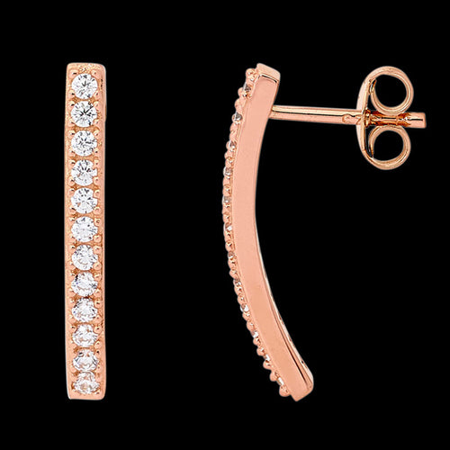 ELLANI STERLING SILVER ROSE GOLD 20MM CURVED BAR PAVE CZ EARRINGS