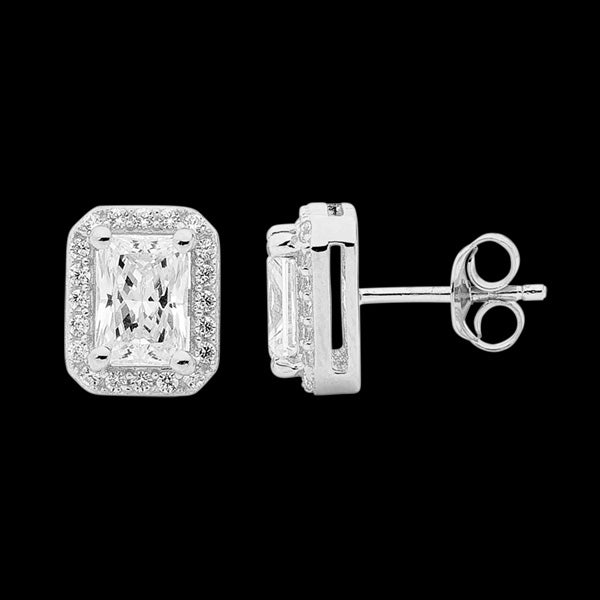 ELLANI STERLING SILVER OBLONG EMERALD CUT CZ PAVE EARRINGS