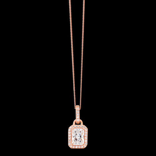 ELLANI STERLING SILVER ROSE GOLD OBLONG EMERALD CUT CZ PAVE NECKLACE