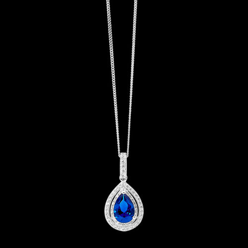 ELLANI STERLING SILVER PEAR SAPPHIRE CZ DOUBLE PAVE NECKLACE