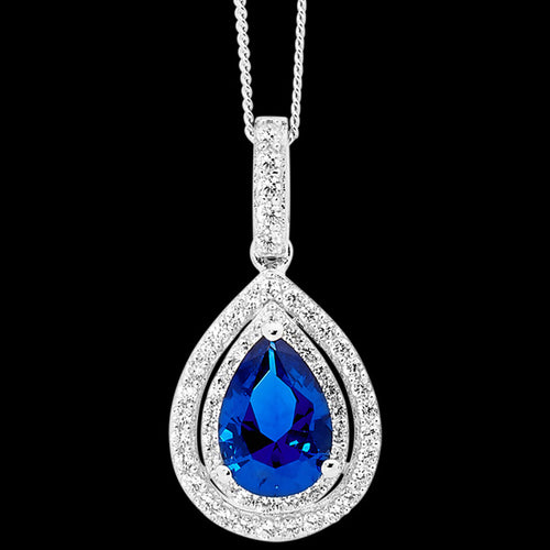 ELLANI STERLING SILVER PEAR SAPPHIRE CZ DOUBLE PAVE NECKLACE