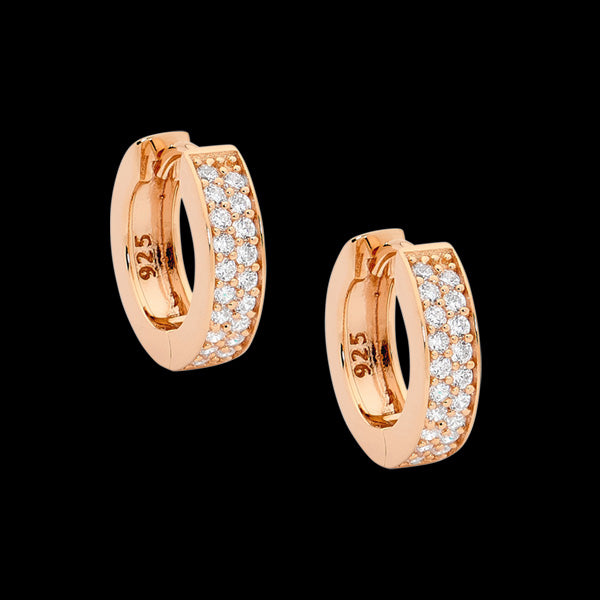 ELLANI STERLING SILVER ROSE GOLD 15MM DOUBLE ROW PAVE HUGGIE EARRINGS