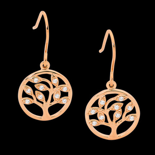 ELLANI STERLING SILVER ROSE GOLD TREE OF LIFE CZ EARRINGS