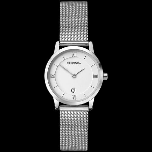 SEKONDA LADIES SILVER DATE MESH BAND WATCH