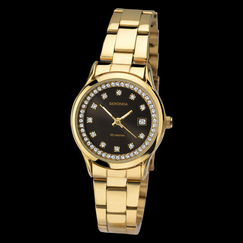 SEKONDA LADIES GOLD CRYSTAL BLACK DIAL HALO WATCH