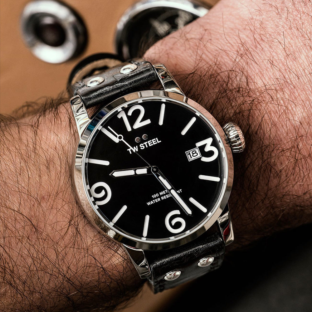 TW STEEL MAVERICK 45MM 3-HANDS BLACK LEATHER WATCH MS61 - WRIST VIEW