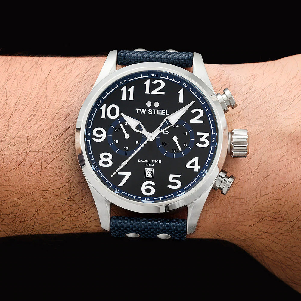 TW STEEL VOLANTE 48MM DUAL TIME BLUE STRAP WATCH VS38 - WRIST VIEW