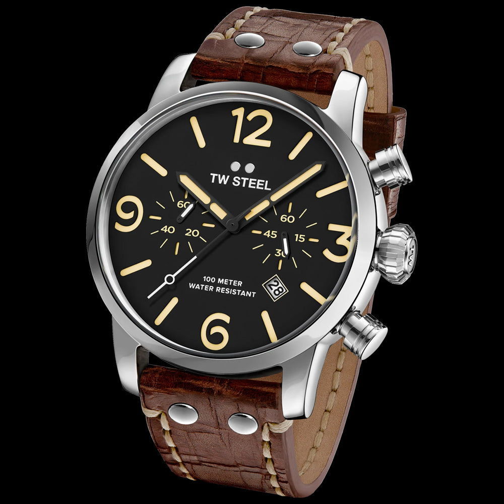 TW STEEL MAVERICK 48MM CHRONO BROWN LEATHER WATCH MS4 - TILT VIEW