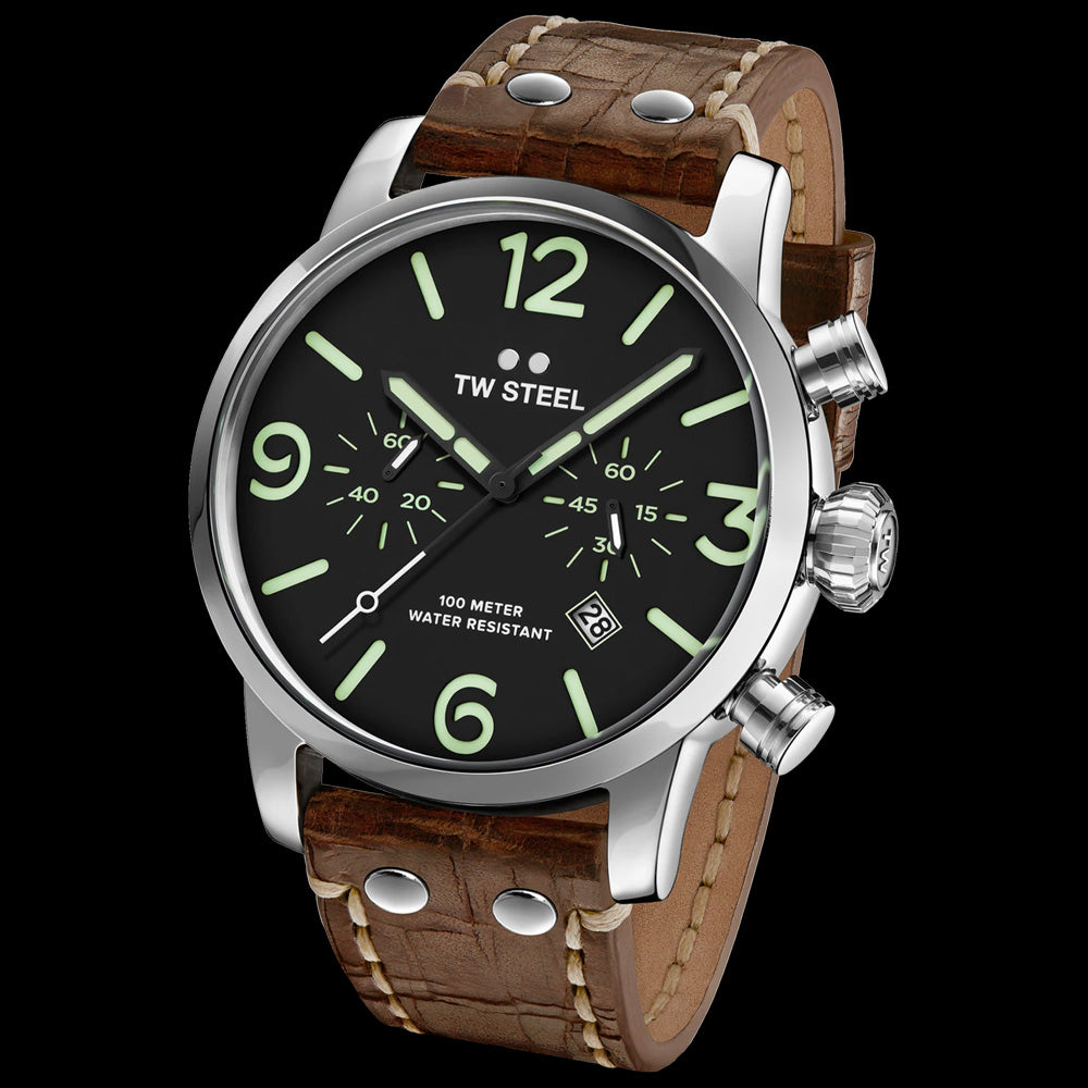 TW STEEL MAVERICK 48MM CHRONO BROWN LEATHER WATCH MS14 - TILT VIEW