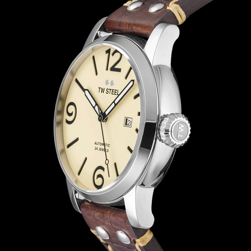 TW STEEL MAVERICK 45MM AUTOMATIC BROWN LEATHER WATCH MS25 - SIDE VIEW