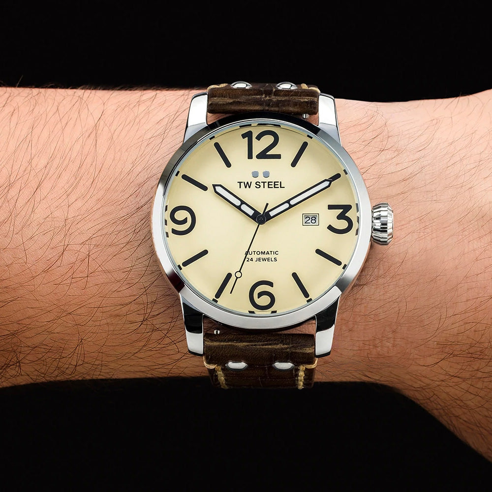 TW STEEL MAVERICK 45MM AUTOMATIC BROWN LEATHER WATCH MS25 - WRIST VIEW