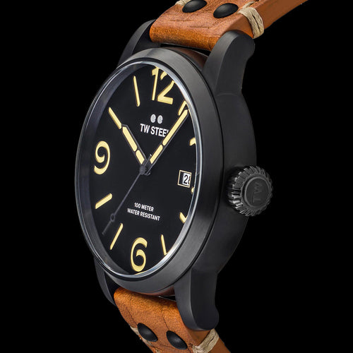 TW STEEL MAVERICK 48MM BLACK 3-HANDS TAN LEATHER WATCH MS32 - SIDE VIEW