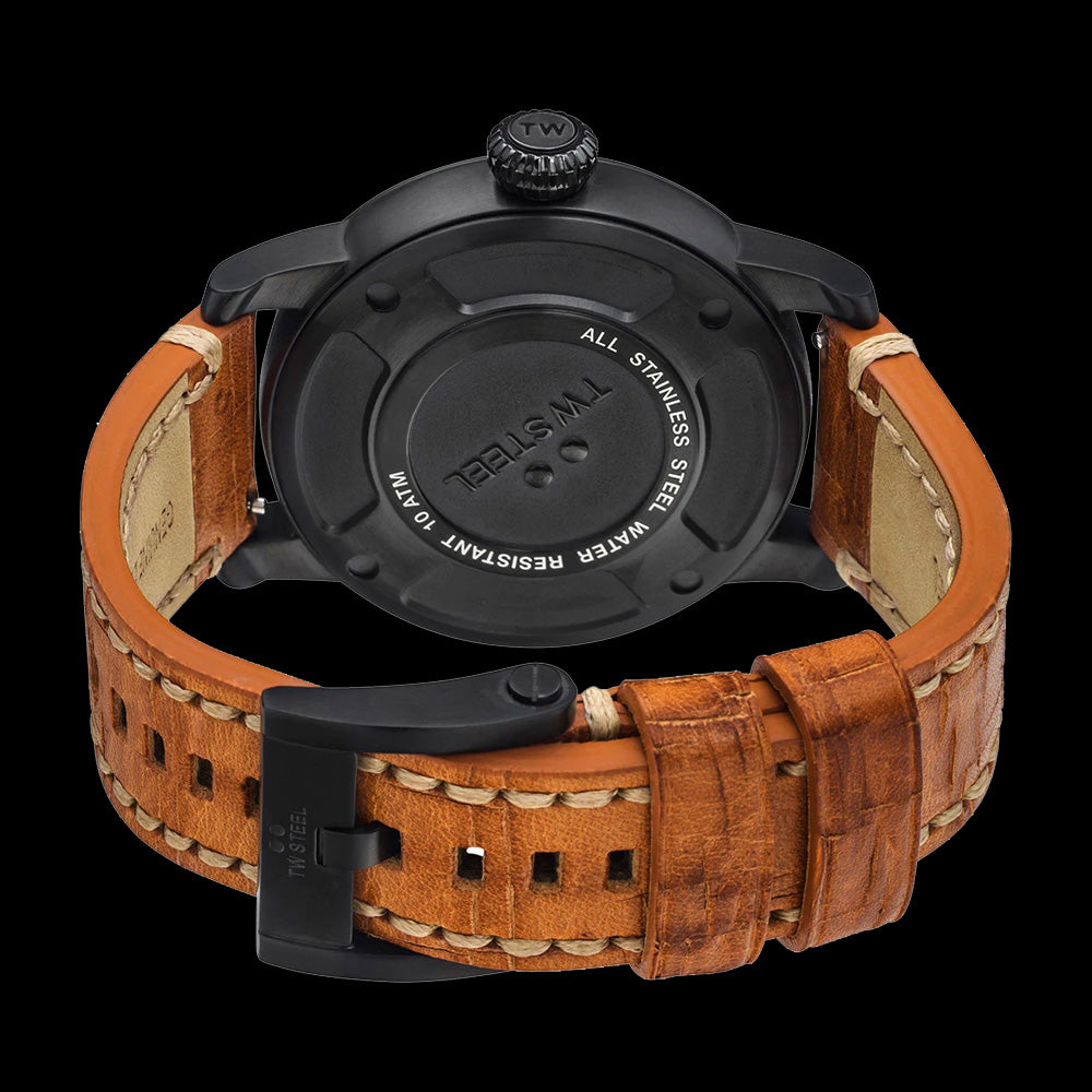 TW STEEL MAVERICK 48MM BLACK 3-HANDS TAN LEATHER WATCH MS32 - BACK VIEW