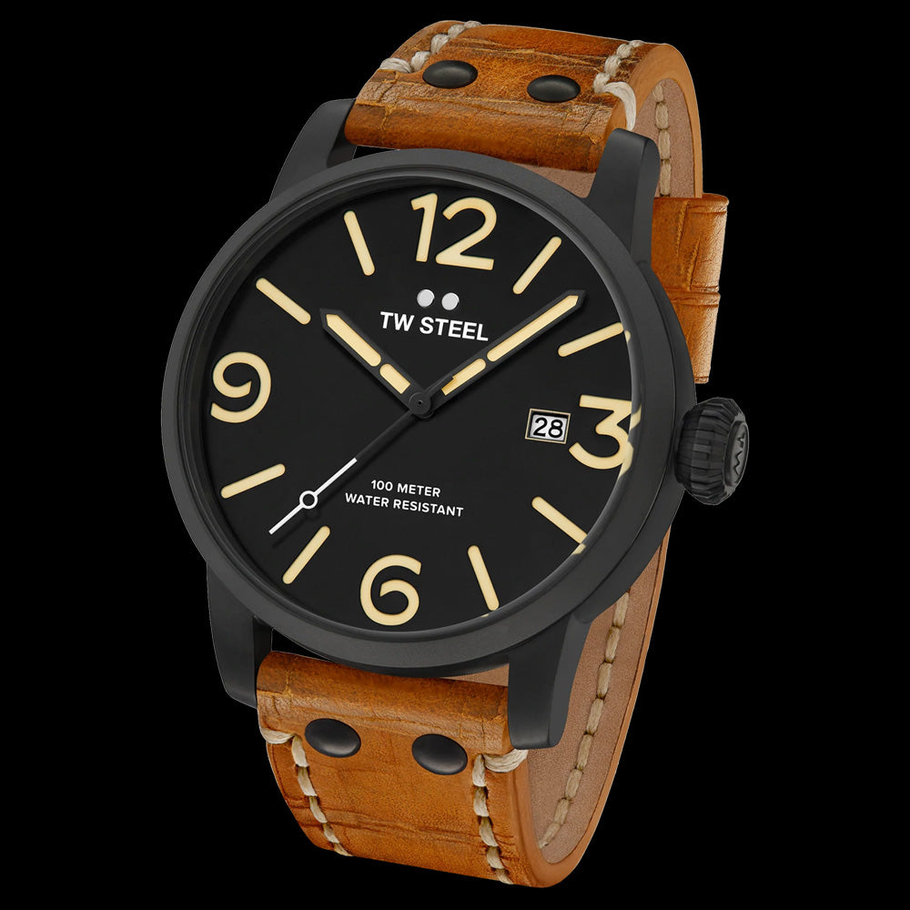 TW STEEL MAVERICK 48MM BLACK 3-HANDS TAN LEATHER WATCH MS32 - TILT VIEW