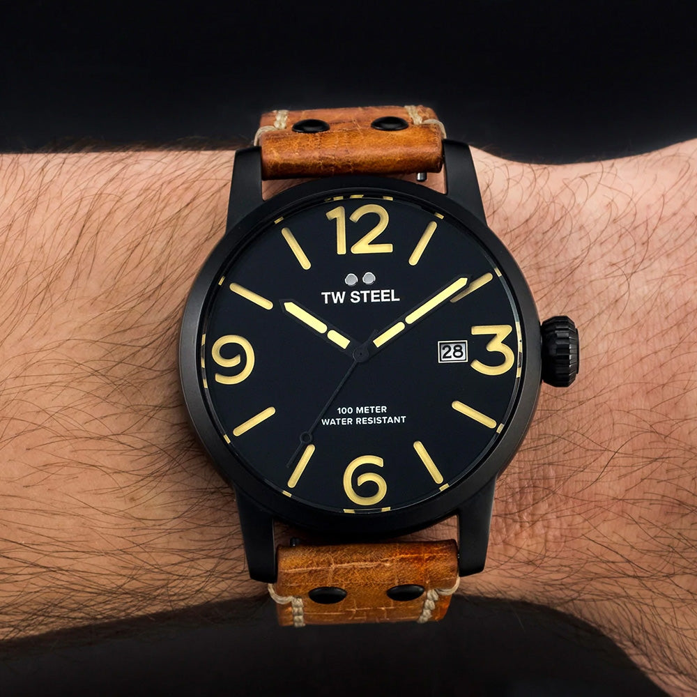 TW STEEL MAVERICK 48MM BLACK 3-HANDS TAN LEATHER WATCH MS32 - WRIST VIEW