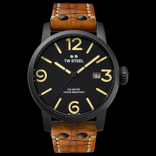 TW STEEL MAVERICK 48MM BLACK 3-HANDS TAN LEATHER WATCH MS32