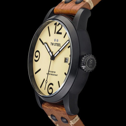 TW STEEL MAVERICK 45MM BLACK 3-HANDS TAN LEATHER WATCH MS41 - SIDE VIEW