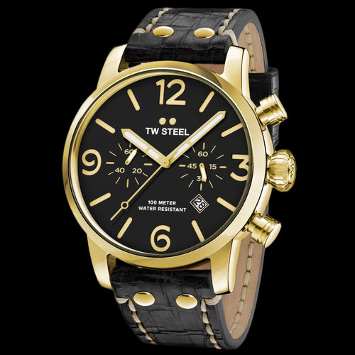 TW STEEL MAVERICK 48MM GOLD CHRONO BLACK LEATHER WATCH MS54