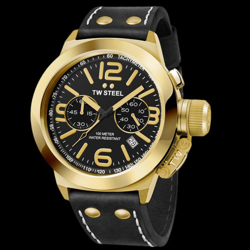 TW STEEL CANTEEN 50MM GOLD CHRONO BLACK LEATHER WATCH CS78