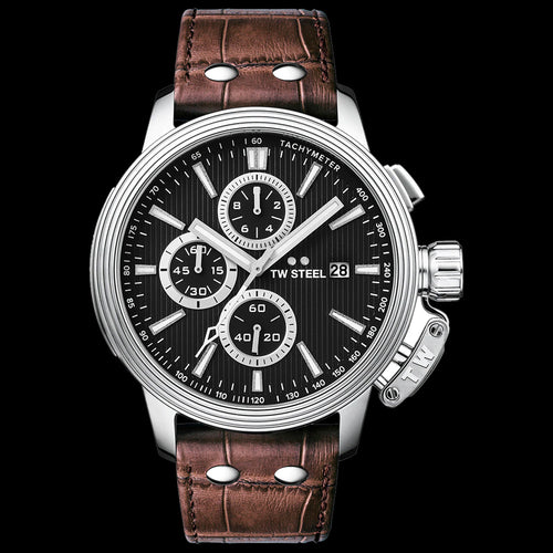 TW STEEL CEO ADESSO 45MM BLACK DIAL CHRONO BROWN LEATHER WATCH CE7005