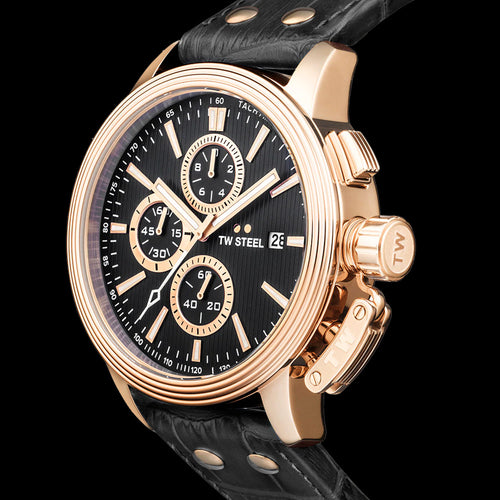 TW STEEL CEO ADESSO 45MM ROSE GOLD CHRONO BLACK LEATHER WATCH CE7011 - SIDE VIEW