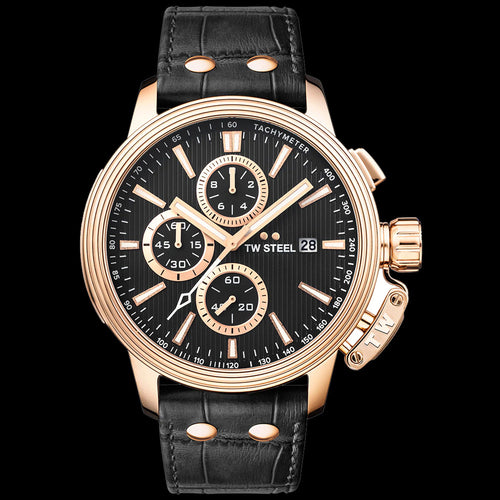 TW STEEL CEO ADESSO 45MM ROSE GOLD CHRONO BLACK LEATHER WATCH CE7011