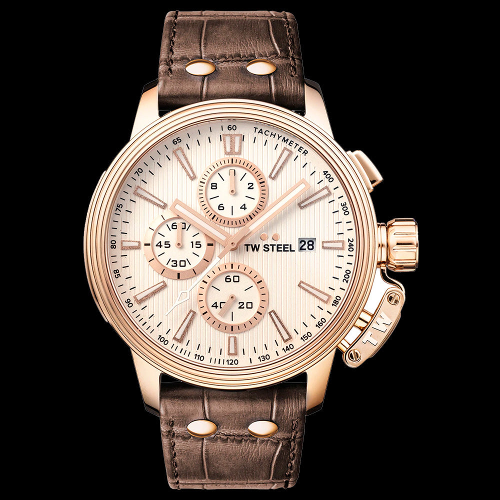 TW STEEL CEO ADESSO 45MM ROSE GOLD CHRONO BROWN LEATHER WATCH CE7013