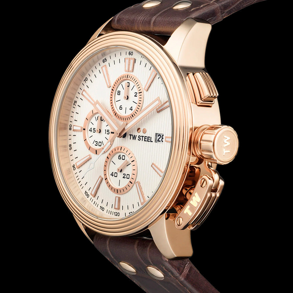 TW STEEL CEO ADESSO 45MM ROSE GOLD CHRONO BROWN LEATHER WATCH CE7013 - SIDE VIEW