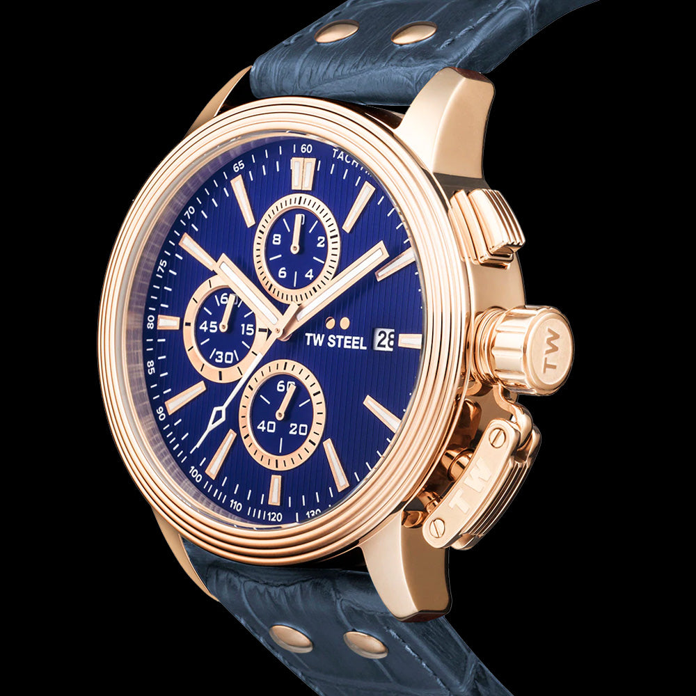 TW STEEL CEO ADESSO 48MM ROSE GOLD CHRONO BLUE LEATHER WATCH CE7016 - SIDE VIEW