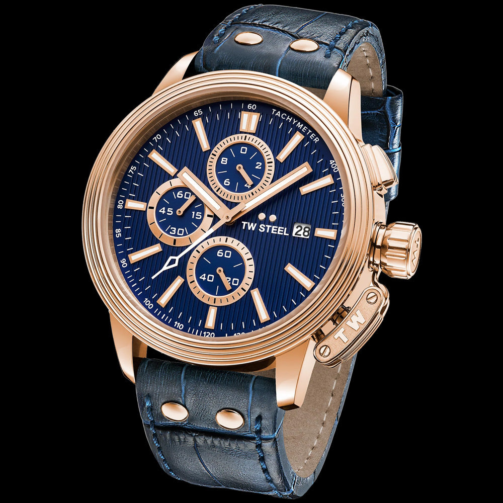 TW STEEL CEO ADESSO 48MM ROSE GOLD CHRONO BLUE LEATHER WATCH CE7016 - TILT VIEW
