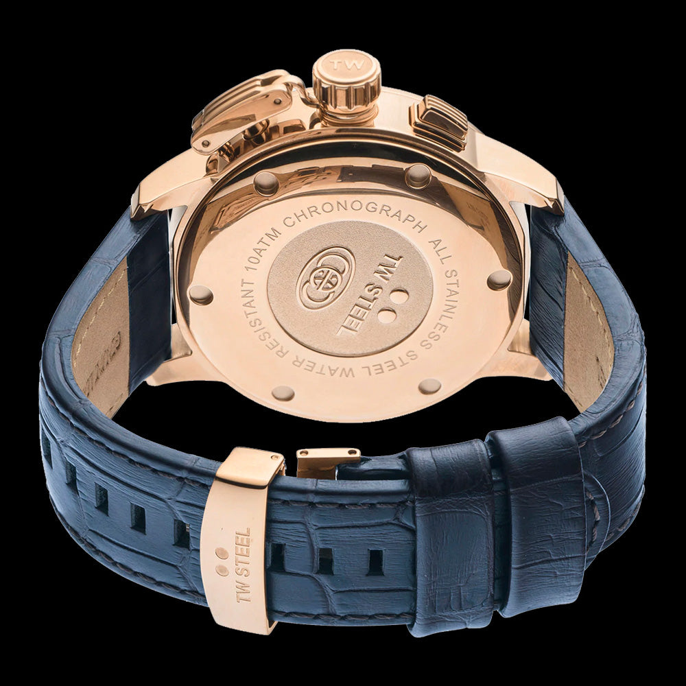 TW STEEL CEO ADESSO 48MM ROSE GOLD CHRONO BLUE LEATHER WATCH CE7016 - BACK VIEW