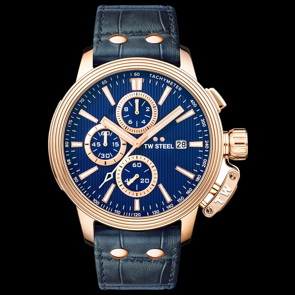 TW STEEL CEO ADESSO 48MM ROSE GOLD CHRONO BLUE LEATHER WATCH CE7016