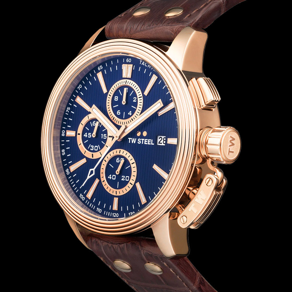 TW STEEL CEO ADESSO 48MM ROSE GOLD CHRONO BROWN LEATHER WATCH CE7018 - SIDE VIEW