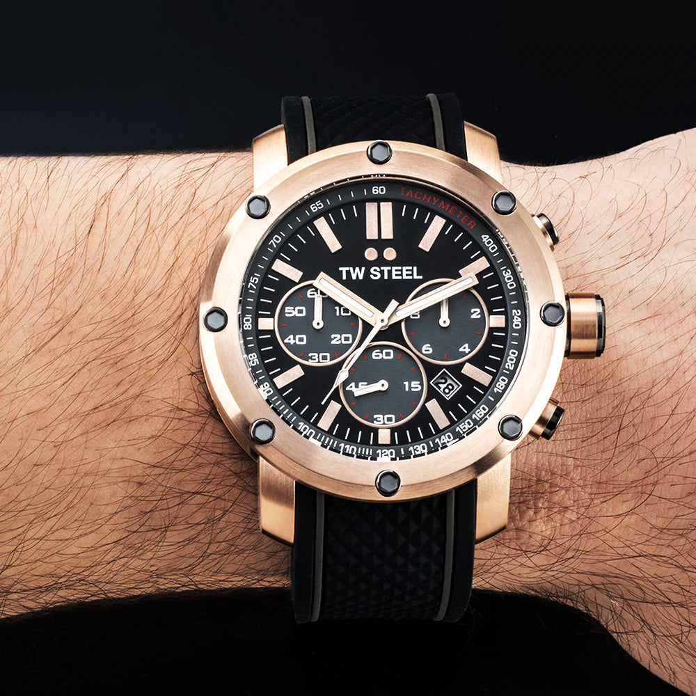 TW STEEL GRANDEUR TECH 48MM ROSE GOLD BLACK DIAL CHRONO SILICON WATCH TS5 - WRIST VIEW
