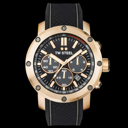 TW STEEL GRANDEUR TECH 48MM ROSE GOLD BLACK DIAL CHRONO SILICON WATCH TS5