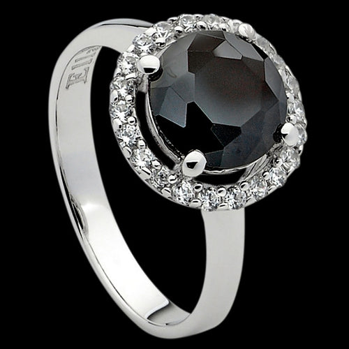 ELLANI STERLING SILVER CIRCLE BLACK CZ SOLITAIRE SURROUND RING