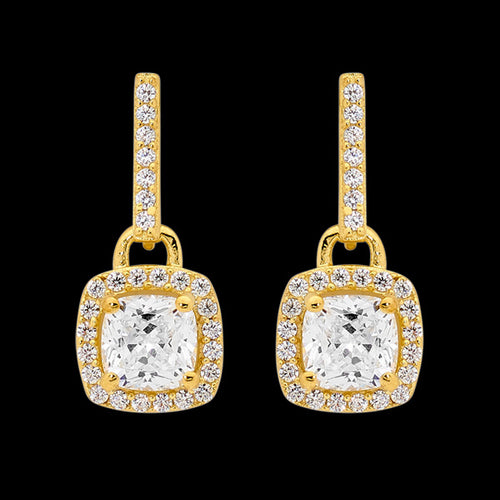 ELLANI STERLING SILVER GOLD CUSHION CUT CZ SURROUND EARRINGS