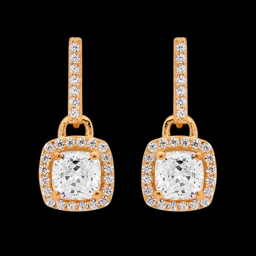 ELLANI STERLING SILVER ROSE GOLD CUSHION CUT CZ SURROUND EARRINGS