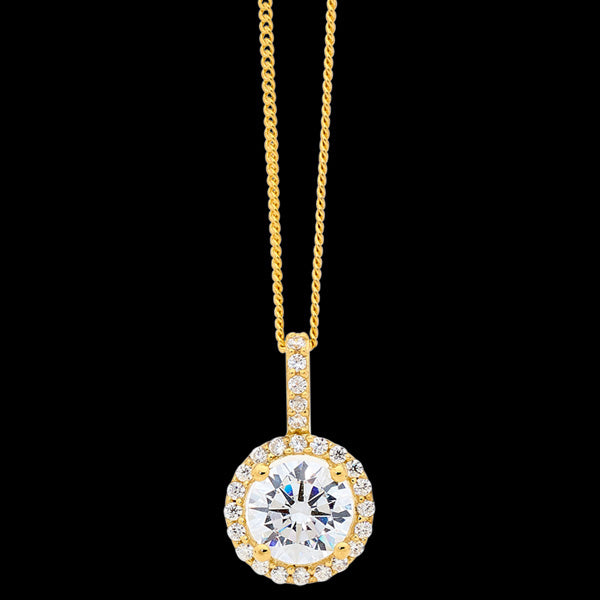ELLANI STERLING SILVER CIRCLE GOLD CZ SOLITAIRE SURROUND NECKLACE